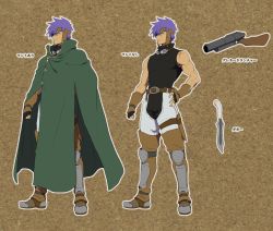 Rule 34 | 1boy, akimaru, armor, belt, black gloves, brown headwear, character sheet, clenched hand, cloak, closed mouth, fingerless gloves, fingernails, gloves, goggles, goggles around neck, green cloak, green eyes, gun, hand on own hip, headgear, highres, knee pads, knife, male focus, multiple views, muscular, outline, pixiv fantasia, pixiv fantasia age of starlight, pouch, purple hair, scabbard, scar, scar on face, sheath, sheathed, smile, standing, vambraces, weapon, white outline