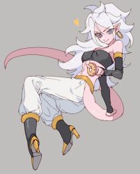 Rule 34 | 1girl, android 21, bandeau, bare shoulders, belt, black footwear, black tank top, blue eyes, covered erect nipples, detached sleeves, doughnut, dragon ball, dragon ball fighterz, earrings, fingerless gloves, floating, floating hair, food, full body, gloves, grey background, happy, heart, high heels, highres, hoop earrings, index finger raised, jewelry, light persona, long hair, looking at viewer, majin android 21, mgong520, navel, outstretched arm, pants, puffy pants, simple background, smile, solo, tail, tank top, white hair, white pants
