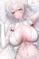 Rule 34 | 1girl, absurdres, armpits, azur lane, black ribbon, blush, bra, braid, breasts, breasts apart, bridal veil, closed mouth, commentary request, elbow gloves, frills, gloves, hair between eyes, hair ribbon, hermione (azur lane), highres, large breasts, lingerie, long hair, looking at viewer, lying, mouth hold, navel, on back, on bed, oyuwari, petals, ribbon, ribbon in mouth, sleeveless, solo, stomach, underwear, veil, white bra, white gloves, white hair, yellow eyes