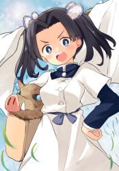 Rule 34 | 1girl, apron, barashiya, black hair, black jacket, blue eyes, blue sky, boar mask, bright pupils, butterfly hair ornament, cloud, cloudy sky, commentary, day, forehead, frown, grass, hair ornament, hand on own hip, high collar, highres, holding, jacket, kanzaki aoi (kimetsu no yaiba), kimetsu no yaiba, layered sleeves, long sleeves, looking at viewer, medium hair, motion lines, open mouth, outdoors, parted bangs, short over long sleeves, short sleeves, sky, solo, standing, sun, twintails, v-shaped eyebrows, white apron, white pupils, wind