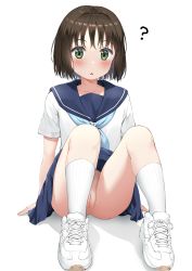 Rule 34 | 1girl, ?, absurdres, black hair, blue neckwear, blue sailor collar, blue skirt, blush, brown hair, cleft of venus, female focus, full body, green eyes, highres, looking at viewer, mole, mole under eye, nedia (nedia region), no panties, nude filter, original, parted lips, pussy, sailor collar, school uniform, simple background, sitting, skirt, socks, solo, third-party edit, uncensored, upskirt, white background, white footwear