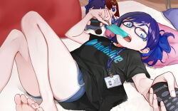 Rule 34 | 1girl, a-chan (hololive), absurdres, barefoot, blue eyes, carpet, character doll, controller, food, glasses, highres, hololive, id card, lying, on back, open mouth, pillow, popsicle, purple hair, remote control, shirt, short hair, shorts, solo, t-shirt, teeth, tokino sora, toro3, variant set, virtual youtuber