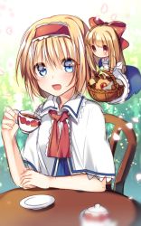 Rule 34 | 1girl, alice margatroid, apron, basket, black tea, blue dress, blue eyes, blush, bow, capelet, chair, checkerboard cookie, cookie, cup, dress, flying sweatdrops, food, hair bow, hairband, maid apron, morinaga kobato, open mouth, petals, plate, red eyes, shanghai doll, sitting, smile, table, tea, teacup, teapot, touhou