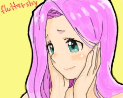 Rule 34 | 1girl, aqua eyes, blush, character name, fluttershy, hands on own face, my little pony, my little pony: friendship is magic, oekaki, personification, pink hair, portrait, shy, takaku, tareme, yellow background