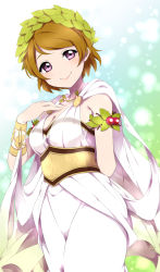 Rule 34 | 10s, 1girl, ancient greek clothes, breasts, brown hair, cleavage, greco-roman clothes, hand on own chest, highres, himation, koizumi hanayo, laurel crown, looking at viewer, love live!, love live! school idol festival, love live! school idol project, md5 mismatch, purple eyes, sekina, shawl, short hair, smile, solo, toga