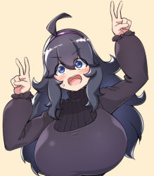 Rule 34 | 1girl, @ @, ahoge, alternate breast size, black dress, black hair, blue eyes, blush, breasts, creatures (company), double v, dress, eyes visible through hair, game freak, hair between eyes, hairband, hex maniac (pokemon), huge breasts, long hair, long sleeves, looking at viewer, messy hair, nintendo, open mouth, pokemon, pokemon xy, simple background, smile, solo, sweat, teeth, toudori, turtleneck, upper body, upper teeth only, v, yellow background