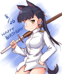 Rule 34 | 1girl, a9b (louis814), animal ears, black hair, dog ears, dog tail, eyepatch, hand on own hip, highres, looking at viewer, military, military uniform, ponytail, sakamoto mio, shinai, smile, solo, strike witches, swimsuit, swimsuit under clothes, sword, tail, uniform, weapon, world witches series, yellow eyes