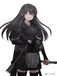 Rule 34 | 1girl, akagi (kancolle), alternate color, alternate hair color, arrow (projectile), black gloves, black hair, black hakama, bow (weapon), elbow gloves, flight deck, gloves, hair between eyes, hakama, hakama skirt, holding, holding arrow, holding bow (weapon), holding weapon, japanese clothes, kantai collection, long hair, looking at viewer, muneate, partially fingerless gloves, rigging, rin (rin niji), simple background, skirt, solo, tasuki, thighhighs, twitter username, weapon, white background, yellow eyes