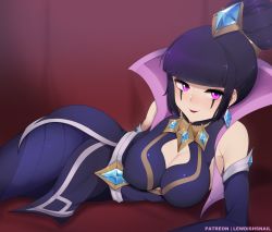 Rule 34 | armpit peek, blush, breasts, championship leblanc, covered erect nipples, highres, large breasts, league of legends, leblanc (league of legends), lewdishsnail, looking at viewer, lying, on side, purple eyes, purple hair, smirk, solo