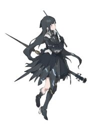 Rule 34 | 1girl, absurdres, armor, armored dress, black dress, black footwear, black hair, boots, dress, earrings, from side, full body, highres, holding, holding sword, holding weapon, jewelry, joints, knee boots, long hair, looking to the side, mechanical legs, mechanical parts, nainainainainaiya, parted hair, puffy sleeves, punishing: gray raven, purple eyes, robot joints, selena: tempest (punishing: gray raven), selena (punishing: gray raven), sidelocks, simple background, single mechanical leg, solo, sword, very long hair, weapon, white background