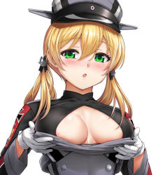Rule 34 | 10s, 1girl, areola slip, blonde hair, blush, breasts, gloves, green eyes, hair between eyes, hat, highres, ipuu (el-ane koubou), kantai collection, large breasts, long hair, long sleeves, low twintails, military, military uniform, open mouth, peaked cap, prinz eugen (kancolle), simple background, solo, twintails, uniform, white background, white gloves