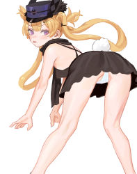 Rule 34 | 1girl, :p, absurdres, ass, back, bad id, bad pixiv id, bent over, black dress, black hat, blonde hair, blush, breasts, dress, fkey, girls&#039; frontline, hair ornament, hairclip, hat, highres, long hair, looking at viewer, looking back, official alternate costume, panties, purple eyes, rabbit tail, scarf, simple background, small breasts, solo, sr-3mp (bunny macchiato) (girls&#039; frontline), sr-3mp (girls&#039; frontline), tail, tongue, tongue out, underwear, very long hair, white background, white panties