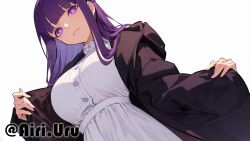 Rule 34 | 1girl, black coat, braided scarf, breasts, coat, commentary, dress, english commentary, fern (sousou no frieren), highres, large breasts, long sleeves, looking at viewer, nokku (ren nokku), purple eyes, purple hair, purple pupils, simple background, solo, sousou no frieren, twitter username, white background, white dress