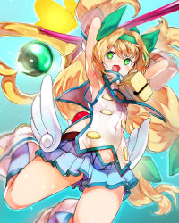 Rule 34 | 1girl, armpits, arms up, bell, blazblue, blonde hair, blue socks, boots, gloves, green eyes, hairband, heart, heart-shaped pupils, highres, jumping, kneehighs, legs up, long hair, nishiide kengorou, open mouth, platinum the trinity, quad tails, shirt, skirt, sleeveless, sleeveless shirt, smile, socks, solo, staff, symbol-shaped pupils, very long hair, weapon, wings