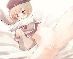 Rule 34 | 1girl, anus, bed sheet, blonde hair, blue eyes, blush, bottomless, female focus, from above, hat, heart, heart-shaped pupils, hugging object, kantai collection, long sleeves, lying, navel, niwa (eufd3252), on back, open mouth, pillow, pillow hug, pussy, red hat, shirt, short hair, solo, split, spread legs, symbol-shaped pupils, uncensored, white shirt, z1 leberecht maass (kancolle)