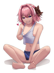 Rule 34 | 1boy, 1nilla&#039;, astolfo (fate), bare arms, bare shoulders, barefoot, blush, bow, clothes pull, commentary, english commentary, fate/grand order, fate (series), feet, full body, hair bow, hair intakes, half-closed eyes, heart, highres, male focus, micro shorts, midriff, navel, nipples, pink hair, purple eyes, shirt pull, shorts, simple background, sitting, smile, spread legs, stomach, sweat, tank top, trap, white background