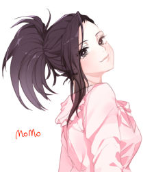 Rule 34 | 10s, 1girl, arms at sides, bad id, bad pixiv id, black eyes, black hair, boku no hero academia, breasts, casual, character name, closed mouth, eyelashes, frills, from side, head tilt, high ponytail, long sleeves, looking at viewer, medium breasts, ponytail, saran, sideways glance, simple background, smile, solo, upper body, white background, yaoyorozu momo
