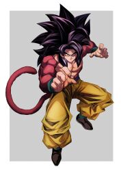 Rule 34 | absurdres, black hair, clenched hands, dougi, dragon ball, dragon ball gt, fighting stance, highres, looking at viewer, male focus, monkey boy, monkey tail, muscular, muscular male, pants, smirk, solo, son goku, spiked hair, standing, super saiyan, super saiyan 4, tail, yellow eyes, yellow pants, yuuri (fukuroudou)