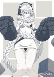 Rule 34 | 10s, 1girl, absurdly long hair, abyssal ship, bad id, bad twitter id, black-framed eyewear, black panties, blue eyes, braid, breasts, colored skin, crate, dress, gauntlets, glasses, gluteal fold, headphones, kantai collection, knees together feet apart, long hair, medium breasts, minarai, panties, power fist, single braid, solo, supply depot princess, thigh gap, thighs, twitter username, underwear, very long hair, white hair, white skin