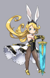 Rule 34 | 10s, 1girl, animal ears, bare shoulders, blonde hair, blue eyes, blush, breasts, rabbit ears, rabbit tail, charlotta (granblue fantasy), detached collar, fake animal ears, gauntlets, granblue fantasy, harvin, harvin, leotard, long hair, looking at viewer, pantyhose, playboy bunny, pointy ears, simple background, small breasts, solo, sword, tail, weapon, zaxwu