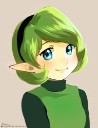 Rule 34 | 1girl, blue eyes, brown background, green hair, hairband, light smile, looking at viewer, nintendo, pointy ears, portrait, roarke (lavenderincubus), saria (zelda), short hair, signature, simple background, smile, solo, text focus, the legend of zelda, the legend of zelda: ocarina of time, turtleneck, upper body