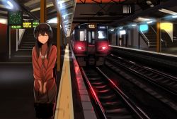 Rule 34 | 1girl, akagi (kancolle), alternate costume, bag, black hair, commentary request, handbag, japanese clothes, kantai collection, smile, solo, split mouth, subway station, tactile paving, vi3r6ein