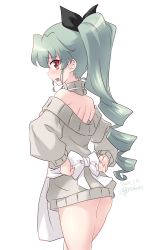 Rule 34 | 1girl, alternate hairstyle, anchovy (girls und panzer), apron, artist name, ass, backless outfit, bare shoulders, blush, dated, drill hair, drill ponytail, girls und panzer, green hair, hair ornament, hair ribbon, highres, kuzuryuu kennosuke, long hair, looking at viewer, looking back, open mouth, ponytail, ribbon, shoulder blades, simple background, smile, solo, standing, sweater, white background
