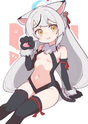 Rule 34 | 1girl, alternate costume, animal ear fluff, animal ears, animal hands, arm support, ass, black gloves, black thighhighs, blue archive, breasts, cat tail, commentary, cosplay, elbow gloves, english commentary, fake tail, fate/kaleid liner prisma illya, fate (series), fur trim, gloves, groin, hair between eyes, halo, highres, illyasviel von einzbern, illyasviel von einzbern (beast style), illyasviel von einzbern (cosplay), kokona (blue archive), lk149, long hair, looking at viewer, low twintails, navel, paw gloves, paw pose, sidelocks, simple background, sitting, sleeveless, small breasts, solo, stomach, tail, thighhighs, tiger ears, tiger girl, twintails, white background