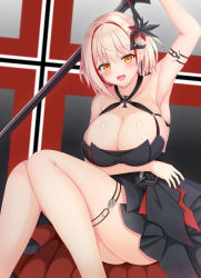 Rule 34 | 1girl, arm strap, arm up, armlet, armpits, ass, azur lane, black dress, breasts, cleavage, cocktail dress, cross, dress, evening gown, feet out of frame, halter dress, halterneck, headgear, highres, holding, holding sword, holding weapon, huge breasts, iron cross, large breasts, light brown hair, looking at viewer, medium hair, multicolored hair, nail polish, nao (naobinarydigit), official alternate costume, red hair, red nails, roon (azur lane), roon (dark red grin) (azur lane), sitting, sleeveless, sleeveless dress, solo, streaked hair, sword, thighlet, two-tone hair, weapon