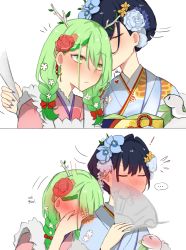 Rule 34 | 2girls, absurdres, antlers, apron, blue eyes, blue hair, blush, bow, braid, braided bangs, ceres fauna, ceres fauna (new year), flower, folding fan, green hair, hair flower, hair ornament, hand fan, highres, hololive, hololive english, horns, japanese clothes, kimono, kiss, kissing forehead, long hair, luzisimp, multicolored hair, multiple girls, ouro kronii, ouro kronii (new year), short hair, virtual youtuber, yellow eyes