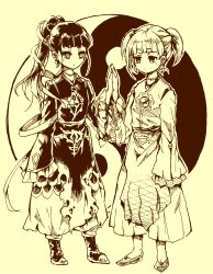 Rule 34 | 2girls, boots, chinese clothes, closed mouth, commentary request, dress, earrings, flat chest, frilled sleeves, frills, full body, highres, hinamikan, jewelry, lobotomy corporation, long hair, long sleeves, mole, mole under eye, monochrome, multiple girls, palms together, personification, ponytail, project moon, shoes, short twintails, standing, twintails, yang (project moon), yin (project moon), yin yang