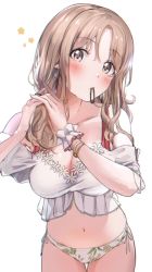 Rule 34 | 1girl, bikini, blush, bra, bracelet, breasts, brown eyes, brown hair, cleavage, closed mouth, collarbone, commentary, cowboy shot, crop top, earrings, floral print, hair tie in mouth, ichikawa hinana, idolmaster, idolmaster shiny colors, jewelry, looking at viewer, medium breasts, medium hair, midriff, mouth hold, navel, off shoulder, parted bangs, red bra, shaka (staito0515), side-tie bikini bottom, simple background, solo, swimsuit, thigh gap, thighs, underwear, white background, white bikini, wrist cuffs