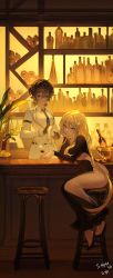 Rule 34 | 2girls, absurdres, alcohol, bar (place), bar stool, bartender, belt, black belt, black dress, black footwear, blonde hair, blue eyes, blue necktie, blush, bottle, breasts, brown gloves, cleavage, closed mouth, collared shirt, commentary request, costume, cup, dress, drinking glass, fingerless gloves, food, from side, fruit, gloves, hair between eyes, hair ornament, high heels, highres, holding, holding cup, indoors, jacket, korean commentary, korean text, lemon, long hair, long sleeves, looking at viewer, medium hair, multiple girls, necktie, original, p (pm 611a), pants, plant, shirt, shoes, sitting, smile, standing, stool, white jacket, white pants, white shirt, wine glass
