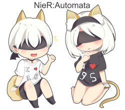Rule 34 | 1boy, 1girl, :d, absurdres, alternate costume, animal ears, arlene (ju), bare legs, bare shoulders, barefoot, black hairband, black legwear, black shirt, black shorts, blindfold, blush, breasts, cat ears, cat girl, cat tail, character name, chibi, collarbone, commentary request, copyright name, dog boy, dog ears, dog tail, hairband, hand on own chest, heart, highres, i heart..., kemonomimi mode, mole, mole under mouth, nier:automata, nier (series), off shoulder, open mouth, parted lips, shirt, short shorts, short sleeves, shorts, simple background, sitting, small breasts, smile, t-shirt, tail, thumbs up, wariza, white background, white hair, wristband, 2b (nier:automata), 9s (nier:automata)