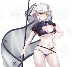 Rule 34 | 1girl, bikini, black bikini, black capelet, blurry, blurry background, blush, breasts, capelet, chain, cleavage, closed mouth, depth of field, fate/grand order, fate (series), flag, hair between eyes, hand on own hip, headpiece, highres, holding, holding flag, jeanne d&#039;arc (fate), jeanne d&#039;arc alter (avenger) (fate), jeanne d&#039;arc alter (fate), looking at viewer, medium breasts, mint (cerbi), multi-strapped bikini, navel, parted lips, shaded face, short hair, silver hair, solo, squiggle, swimsuit, v-shaped eyebrows, white background, white flag, yellow eyes