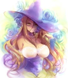 Rule 34 | 1girl, bare shoulders, breasts, brown hair, cleavage, curvy, detached sleeves, dragon&#039;s crown, dress, flower, hat, highres, large breasts, long hair, rose, senkyoushi gondolf, solo, witch, sorceress (dragon&#039;s crown), strapless, strapless dress, upper body, vanillaware, witch, witch hat, yellow eyes