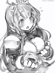Rule 34 | 1girl, ahoge, armor, bad id, bad pixiv id, breasts, cleavage, crown, flying sweatdrops, food, food on body, food on breasts, food on face, gloves, greyscale, highres, large breasts, long hair, monochrome, nanashi (nlo), nipples, onigiri, open mouth, pauldrons, pecorine (princess connect!), princess connect!, shoulder armor, simple background, solo, upper body, white background