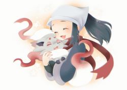 1girl :d akari_(pokemon) black_undershirt blush closed_eyes commentary_request creatures_(company) eyelashes floating_scarf fukuwan game_freak grey_jacket headscarf hisuian_zorua holding holding_pokemon jacket nintendo open_mouth pokemon pokemon_(creature) pokemon_legends:_arceus red_scarf scarf smile tongue undershirt white_headwear