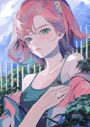 Rule 34 | 1girl, bare shoulders, bird, blush, breasts, cleavage, cloud, flower, flower ring, hair flower, hair ornament, highres, jacket, jacket partially removed, original, parted lips, plant, ponn mame, red hair, tank top