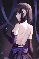 Rule 34 | 1girl, absurdres, bare shoulders, blue ribbon, blush, closed mouth, dress, elbow gloves, flower, from behind, gloves, hair flower, hair ornament, hair ribbon, highres, holding, kyo (maae00), looking at viewer, looking back, mole, mole under eye, original, purple dress, purple eyes, purple gloves, purple hair, ribbon, sleeveless, sleeveless dress, solo, strapless, strapless dress