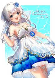 Rule 34 | 1girl, absurdres, alternate costume, blush, breasts, cleavage, collarbone, commentary request, dress, earrings, flower, gloves, grey hair, hair flower, hair ornament, highres, hisakawa haru, indie virtual youtuber, jewelry, looking at viewer, medium breasts, nagino mashiro, necklace, open mouth, solo, virtual youtuber, white background