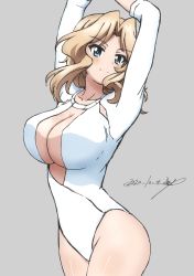 Rule 34 | arms up, blonde hair, blue eyes, breasts, bukkuri, cleavage, cleavage cutout, clothing cutout, cowboy shot, dated, girls und panzer, grey background, hair intakes, highres, kay (girls und panzer), large breasts, leotard, long hair, long sleeves, shiny skin, signature, smile, solo, white leotard
