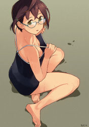 Rule 34 | 1girl, barefoot, blue-framed eyewear, blue one-piece swimsuit, breasts, brown hair, clothes pull, competition school swimsuit, crossed bangs, from side, glasses, green background, kantai collection, looking at viewer, makio (makiomeigenbot), multicolored hair, okinami (kancolle), one-piece swimsuit, open mouth, parted bangs, purple hair, school swimsuit, short hair, signature, simple background, sitting, small breasts, solo, spread legs, swimsuit, two-tone hair, wet
