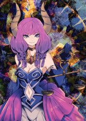 Rule 34 | 1girl, aura (sousou no frieren), batchgooya, braid, breasts, choker, cleavage, clothing cutout, demon girl, demon horns, dress, elbow gloves, gloves, highres, holding scale, horns, jewelry, medium breasts, navel, navel cutout, purple eyes, purple hair, scales, smile, solo, sousou no frieren