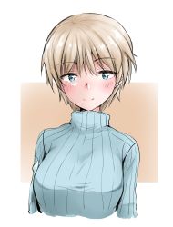 Rule 34 | 1girl, blonde hair, blue eyes, blue sweater, brave witches, closed mouth, commentary, cropped torso, highres, looking at viewer, military, military uniform, nikka edvardine katajainen, ribbed sweater, shichisaburo, short hair, smile, solo, sweater, turtleneck, uniform, upper body, world witches series