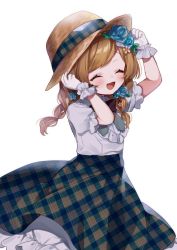Rule 34 | 1girl, :d, ^ ^, aged down, animal ears, arm up, black bow, blue flower, blue rose, blush, bow, braid, brown hair, brown headwear, closed eyes, deer ears, eli conifer, facing viewer, flower, frilled skirt, frills, gloves, hair flower, hair ornament, hand on headwear, hand up, long hair, nijisanji, open mouth, plaid, plaid skirt, puffy short sleeves, puffy sleeves, rose, shirt, short sleeves, simple background, skirt, smile, solo, swept bangs, twin braids, unmoving pattern, virtual youtuber, white background, white flower, white gloves, white rose, white shirt, yamabukiiro