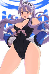 Rule 34 | 1girl, bare shoulders, blush, cleavage cutout, clothing cutout, dark eclair, detached sleeves, earrings, eclair (la pucelle), hairband, highleg, highleg leotard, highres, jewelry, kihaiu, la pucelle, leotard, lolita hairband, long hair, purple hair, red eyes, ribbon, solo, spiked knuckles, thick thighs, thighs