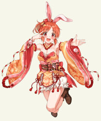 Rule 34 | 1girl, abe nana, animal ears, ankle boots, armpits, bare shoulders, bloomers, blush, boots, bow, breasts, brown eyes, brown footwear, brown hair, checkered bow, checkered clothes, cherry blossom print, cleavage, cloud print, collar, detached collar, detached sleeves, dot nose, dress bow, fake animal ears, floral print, frilled collar, frilled sleeves, frills, full body, furisode, hair bow, hair ribbon, hands up, highres, idolmaster, idolmaster cinderella girls, idolmaster cinderella girls starlight stage, japanese clothes, kimono, kouhaku nawa, leg up, long sleeves, looking at viewer, medium breasts, obi, obiage, obijime, open hand, open mouth, orange kimono, outstretched arm, pink bow, pink bracelet, pom pom (clothes), ponytail, print kimono, print sleeves, rabbit ears, red ribbon, red trim, ribbon, rope, sash, shimenawa, short hair, simple background, sirurabbit, smile, solo, strapless kimono, underwear, v, white bloomers, wide sleeves, yellow background, yellow collar, yellow ribbon