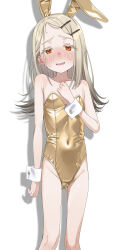 Rule 34 | 1girl, absurdres, animal ear hairband, animal ears, bare legs, bare shoulders, blush, collarbone, covered navel, fake animal ears, feet out of frame, flat chest, gakuen idolmaster, gluteal fold, gold leotard, grey hair, groin, hairband, highres, idolmaster, kamin (kamin chuu), leotard, light brown hair, long hair, looking at viewer, nervous smile, nervous sweating, nose blush, playboy bunny, rabbit ear hairband, rabbit ears, shadow, shinosawa hiro, simple background, smile, solo, strapless, strapless leotard, sweat, white background, wrist cuffs