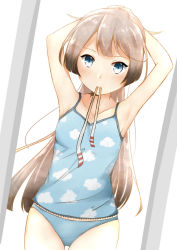 Rule 34 | 1girl, absurdres, arms behind head, arms up, bad id, bad pixiv id, blue camisole, blue panties, brown hair, camisole, collarbone, commentary request, cowboy shot, flat chest, grey eyes, hair ribbon, highres, holding, holding own hair, kantai collection, kazagumo (kancolle), long hair, looking at viewer, ludens (inonaka koubou), mouth hold, panties, ponytail, ribbon, solo, standing, underwear, underwear only